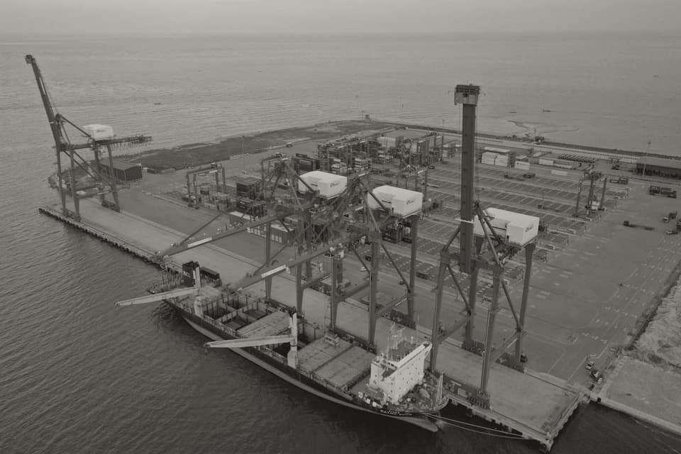 A cargo ship docked at a port beneath large gantry cranes, the kind of terminal through which imported industrial chemicals move.