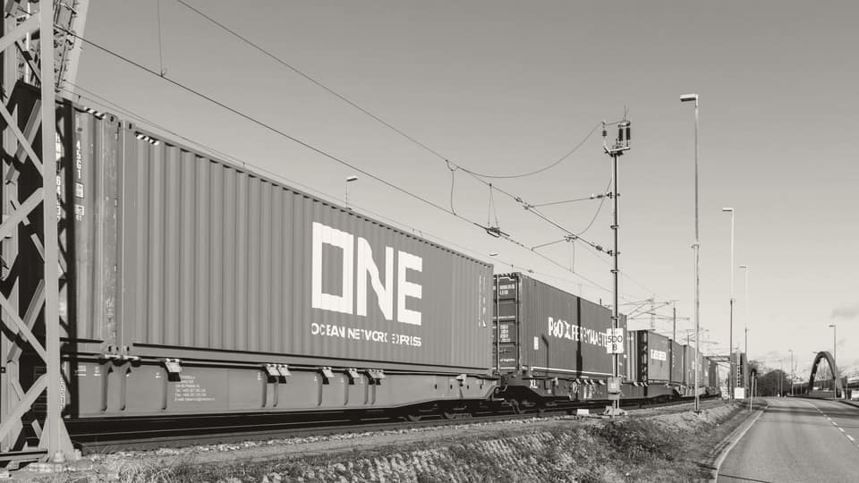 A freight train carrying stacked shipping containers along a rail line, representing the cross-border cargo flows a DGTR investigation examines.
